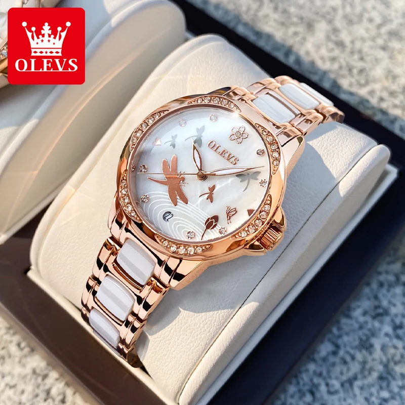 OLEVS 6610 Luxury Women Watch Waterproof Butterfly Dial Rose Gold Ceramic Strap Brand Original Women Automatic Mechanical Watch
