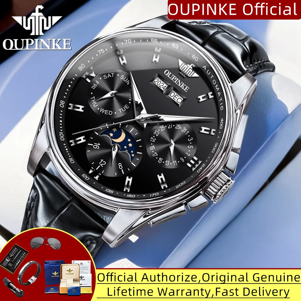 

OUPINKE 3189 Hot Sale Men's Watches 24 Hour Moon Phase Waterproof Sapphire Mirror Leather Strap Automatic Mechanical Man Watch