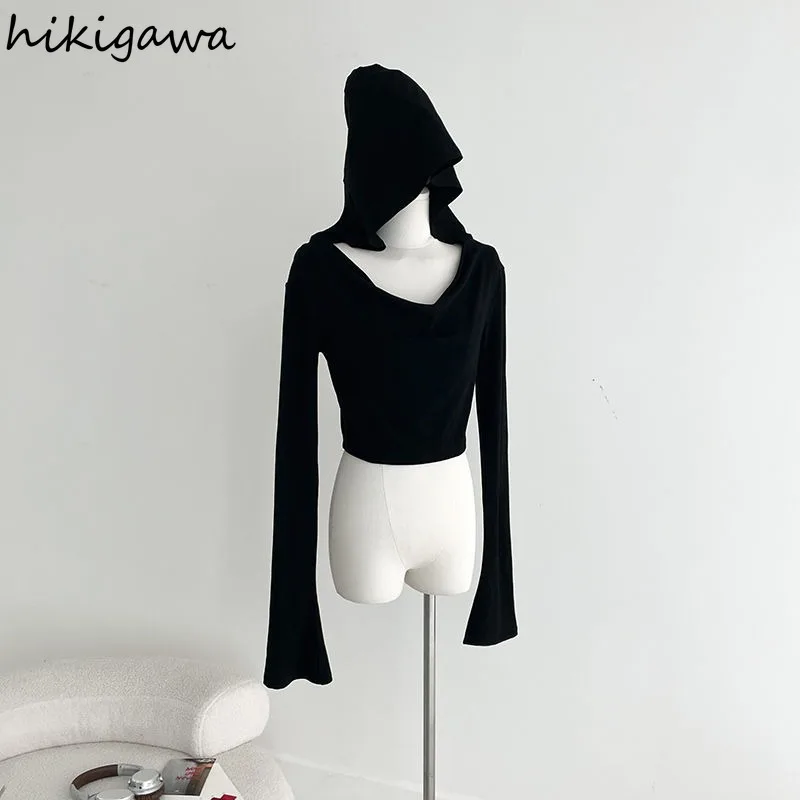 Harajuku Black Tshirts for Women Crop Tops 2024 Shirts for Women Hooded Long Sleeve Tees Fashion Casual Sexy Y2k T Shirt 27u851