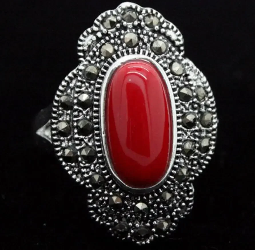 Fine jewelry  24*16mm Vintage 925 Silver Oval Red Coral Marcasite Ring Size 7/8/9/10