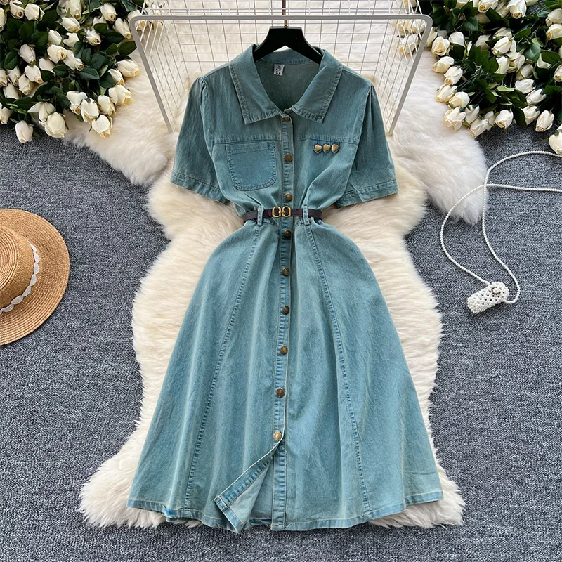 

Elegant Heart Button Summer Women's Denim Dress with Belt Hight Waist Mid Length Short Sleeved Denim Dresses Causal Streetwear