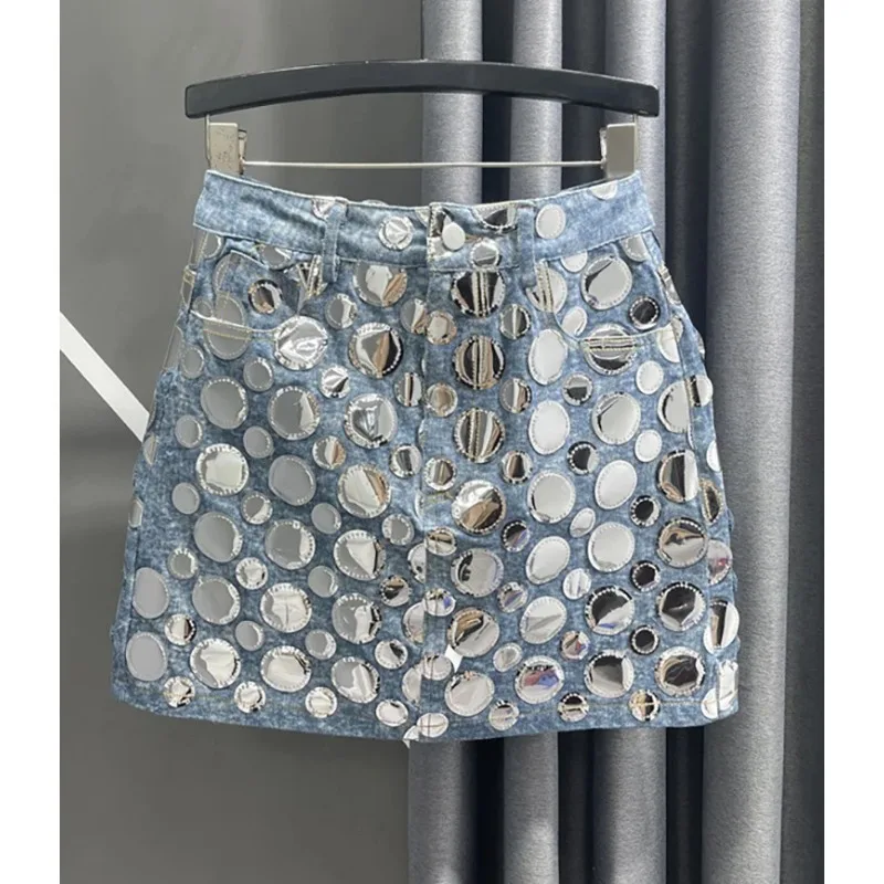 

2024 Summer Fashion women's denim skirt High waist round sequin patchwork wrap hip blue A-line miniskirt