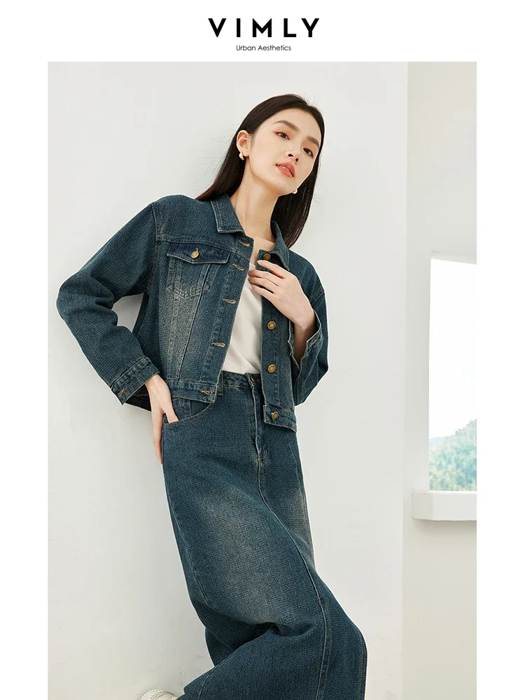 Vimly Spring Outfits Women Denim Jacket and Skirt Sets 2 Piece Matching Sets 2024 Casual Fashion Short Jean Jackets Split Skirts