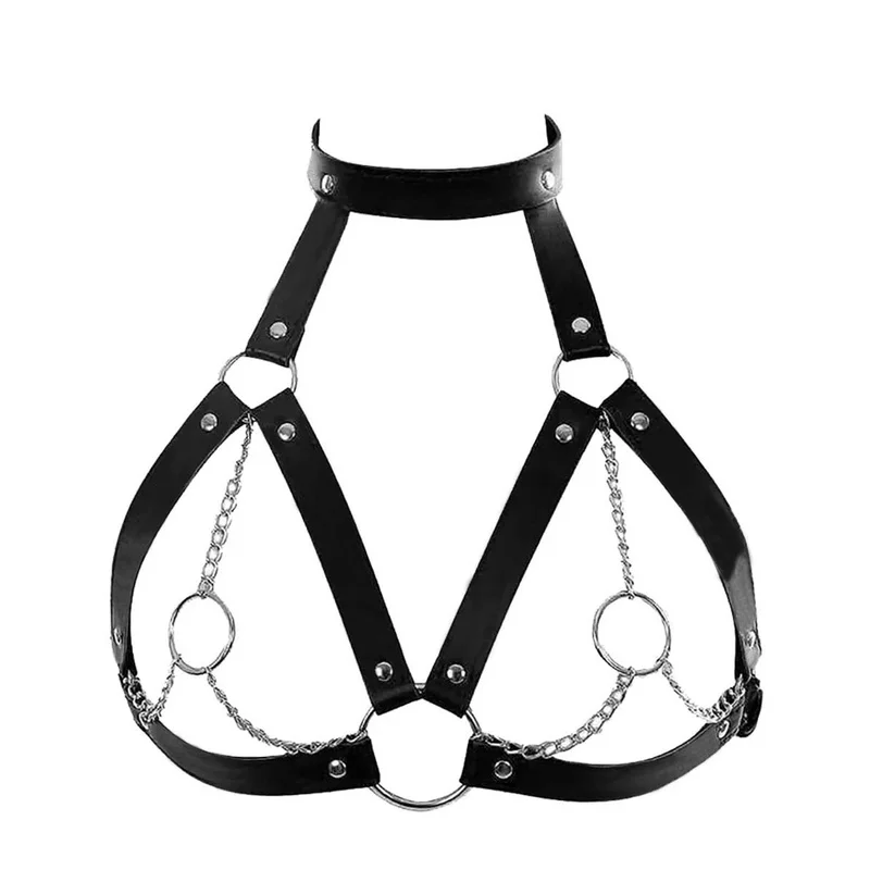 Punk Black PU Leather Neck Collar Bra Harness Strap Silver O Ring Chain Linked Gothic Festival Rave Costume Decor Women
