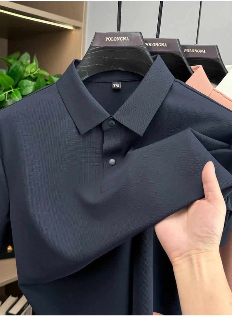 Modisches, einfarbiges Kurzarm-Poloshirt aus luxuriöser atmungsaktiver Eisseide für Herren Sommer Business Casual, bequem, vielseitig, T-Shirt – Detail 23