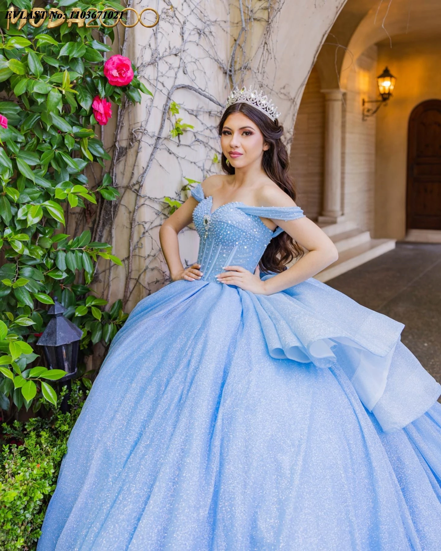 Evolt personalizado céu azul quinnceanera vestido de baile brilhante applique frisado em camadas espartilho doce 16 vestidos de 15 anos sq463