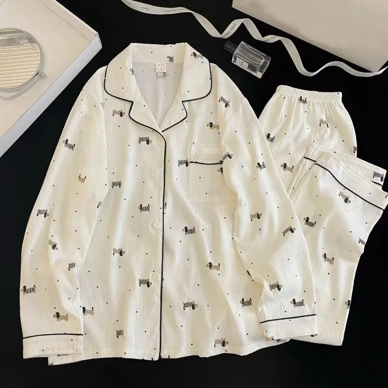 

Новый весенний комплект пижамы с принтом в горошек и собачками, из двух предметов, с длинным рукавом и отложным воротником, женский, милый, мягкий, для дома