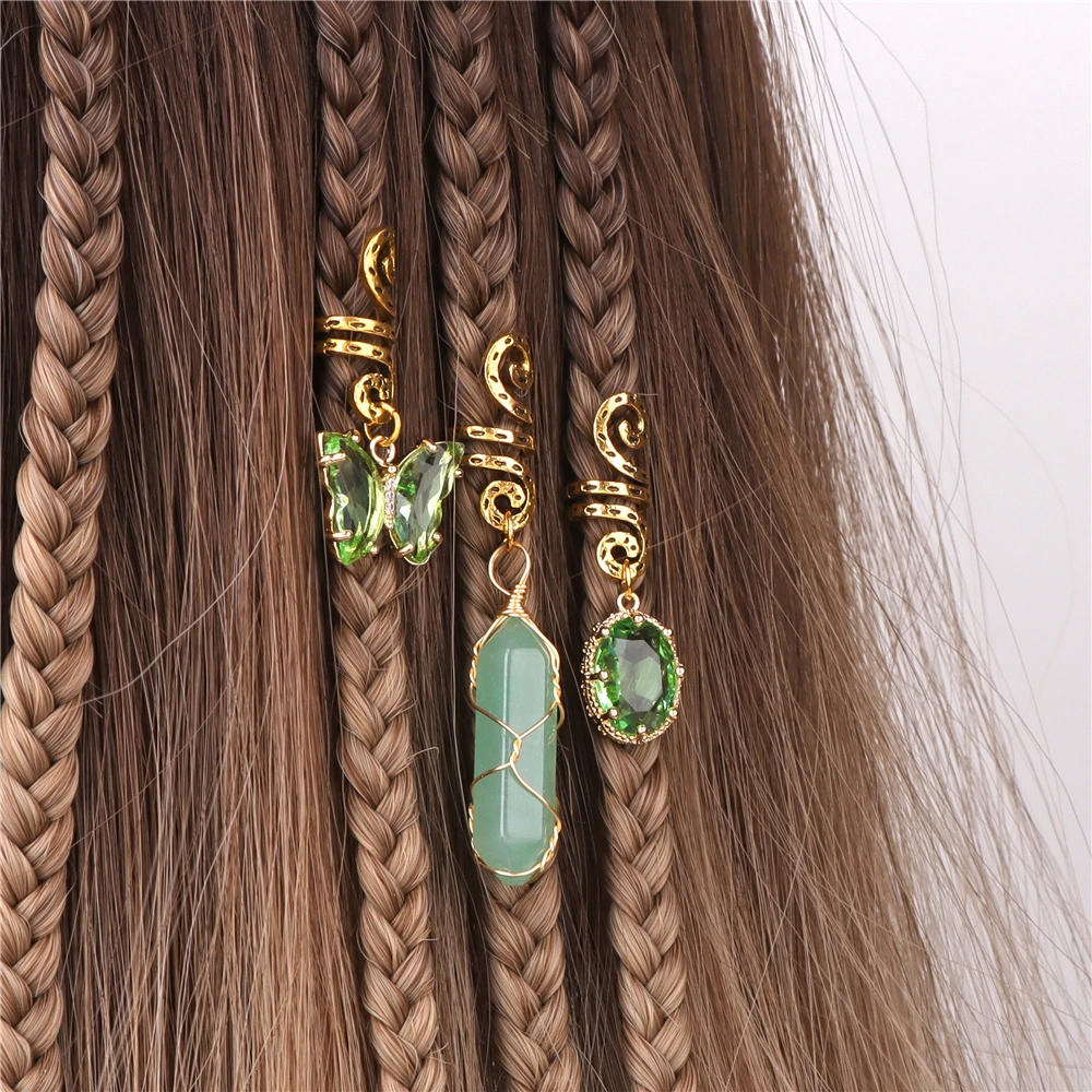 Green Crystal Aventurines Butterfly Hexagonal Prism Round Shape Hair Clip 3pcs/Set Headwear Women Healing Reiki Hair Accessories