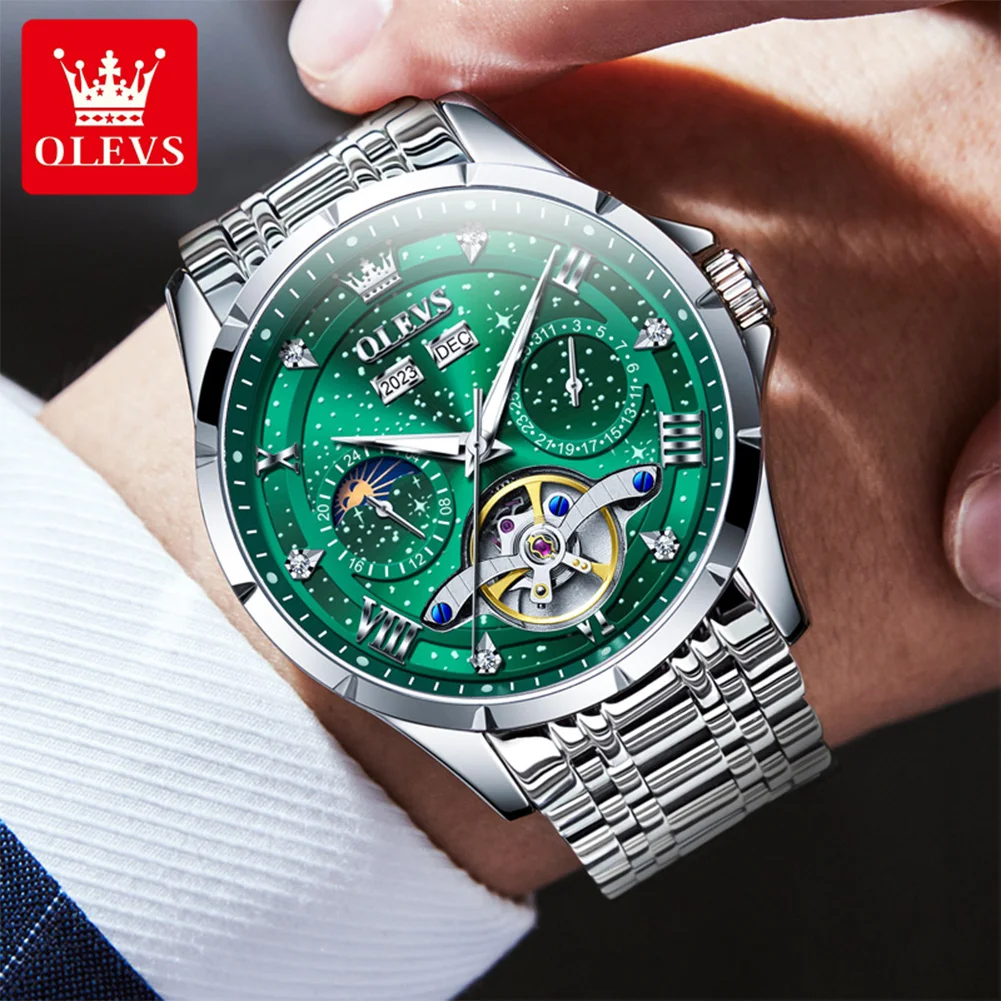 ساعة ماركة OLEVS Starry Sky ساعة ميكانيكية أوتوماتيكية بالكامل ساعة رجالية مجوفة للأعمال 6690