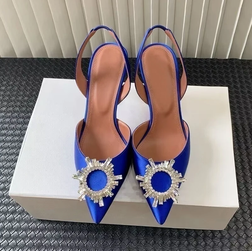 Thin High Heel Pumps Women Pointed Toe Silk Satin Sunflower Rhinestone Decor Slingback Sandals Sexy Party Banquet Dress Shoes