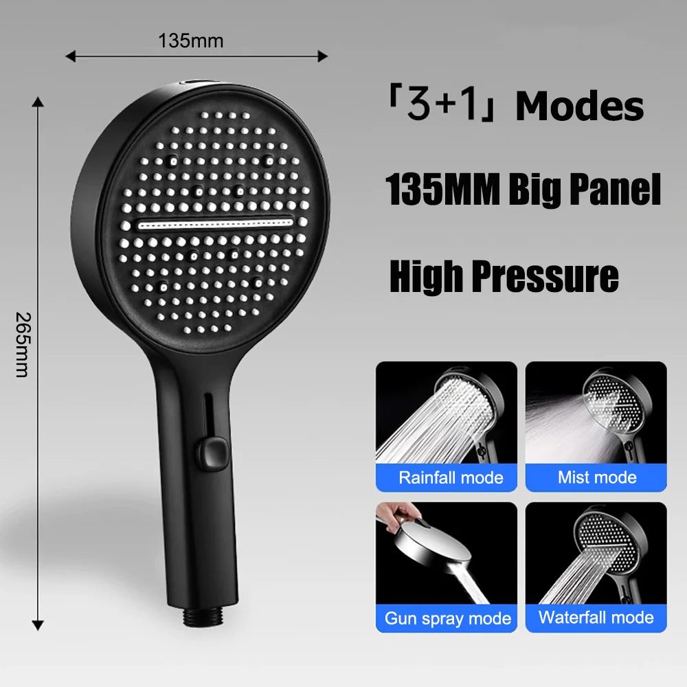 Cabezal de ducha de alta presión con Panel grande de 135MM, 3 modos, boquilla de pulverización de gran flujo ajustable, grifo de ducha de lluvia, accesorios de baño