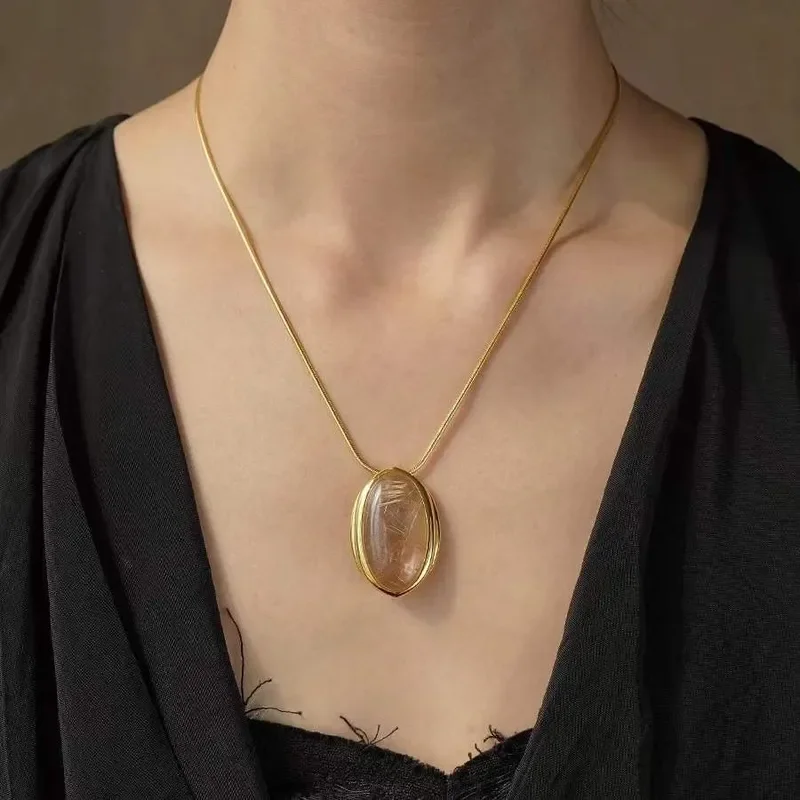 Natural hair crystal necklace female niche design French pendant oval adjustable transparent exaggerated retro necklace