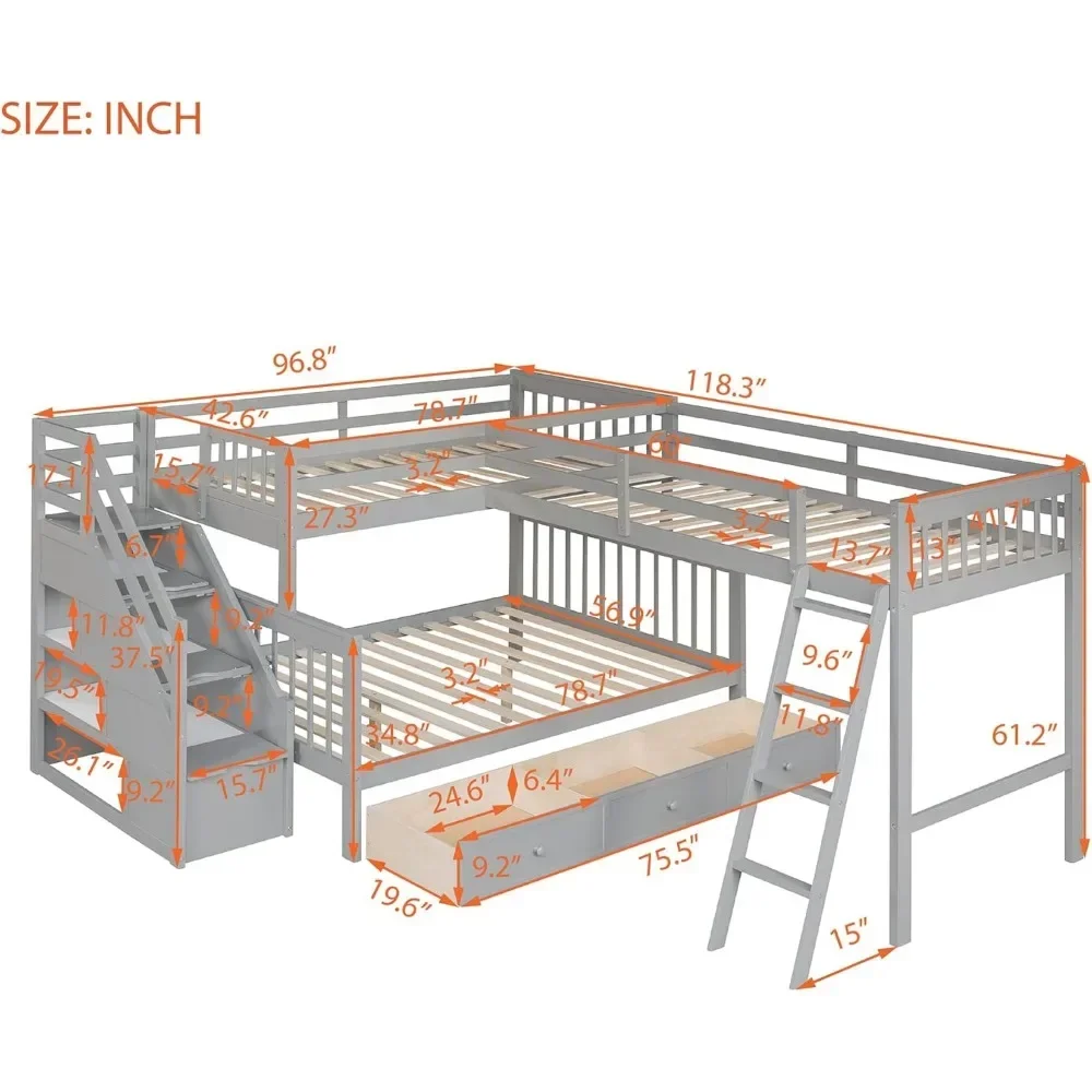 L Shaped Bunk Bed,with Stairs and Storage, Twin Over Full Size Triple Bunk Bed for 3,Teens, Adults. Wood Corner Beds for Kids