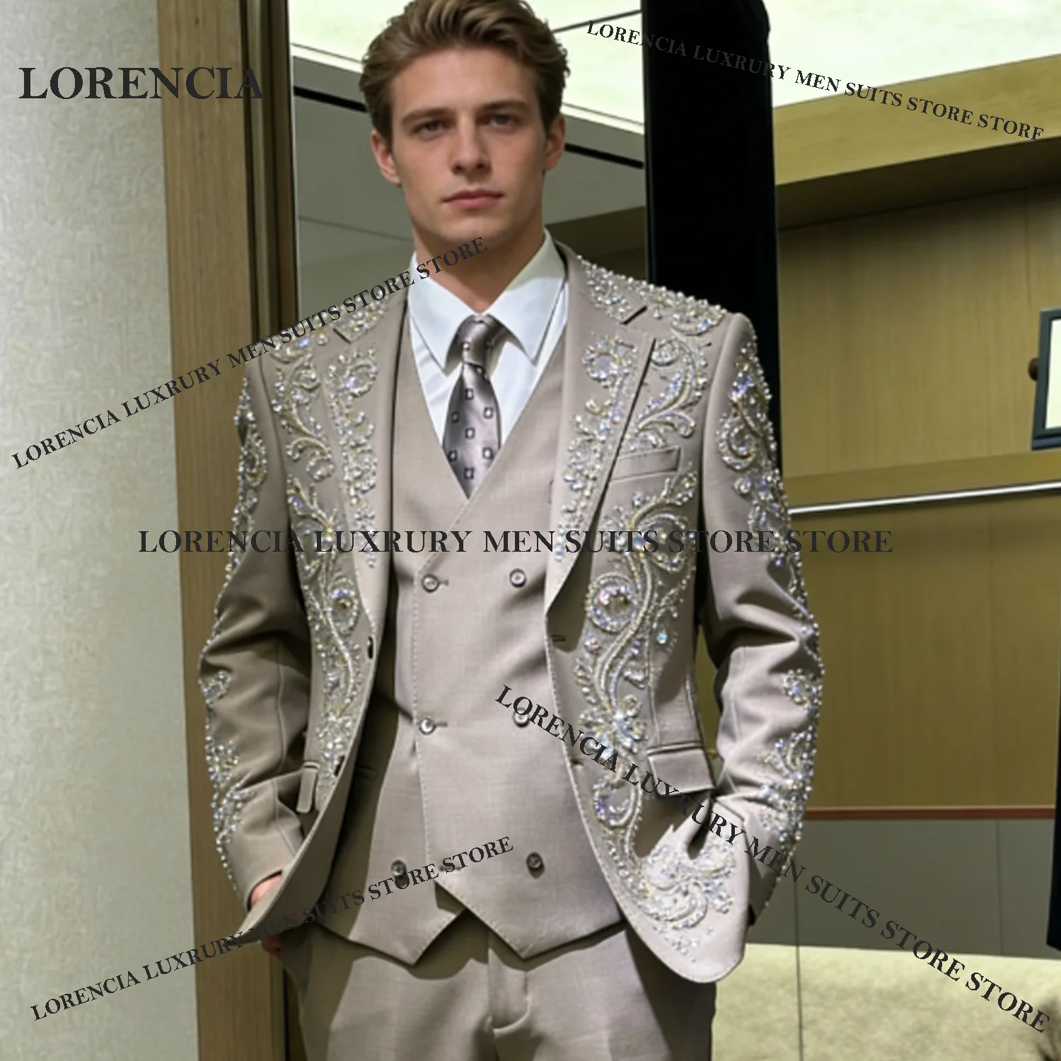 

Customized Glitter Paillette Men Suit Intricate Diamond Crystal Evening Tuxedos Slim Ropa hombre 3 Pieces Sets Groom Male Blazer