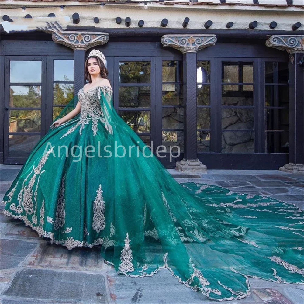 Angelsbride-vestido De fiesta De tul brillante sin tirantes, quinnceañera con capa De apliques, color verde esmeralda