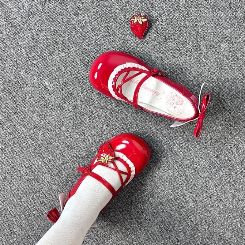 

Strawberry LO Shoes Women Japanese Style Cute Round Toe Low Heel Small Leather Mid Heel Lolita Teen Girls JK Uniform