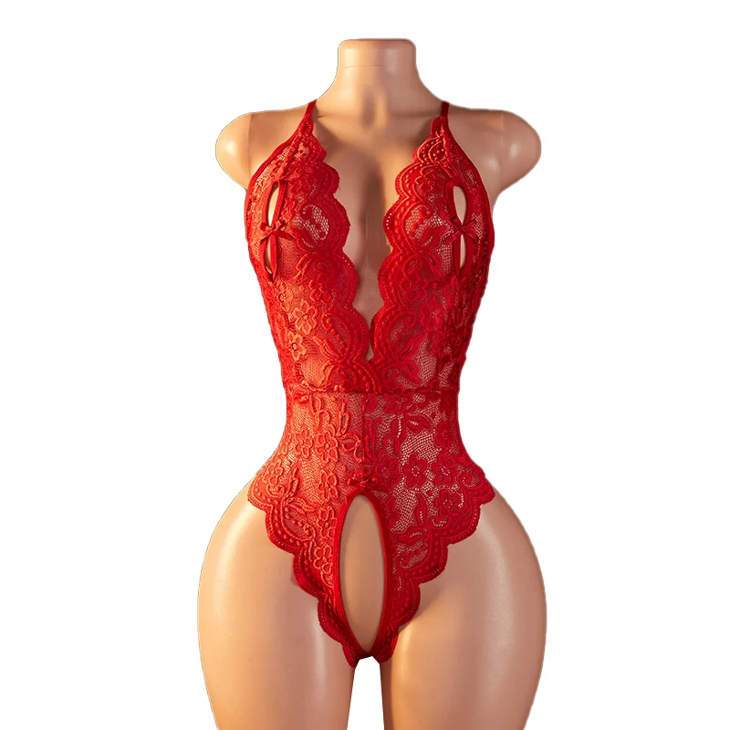 Sexy Red Crotchless Lingerie Women Lace Hollow Bra Set Transparent Erotic Costumes Deep V Open Bra Woman Sexy Underwear Set