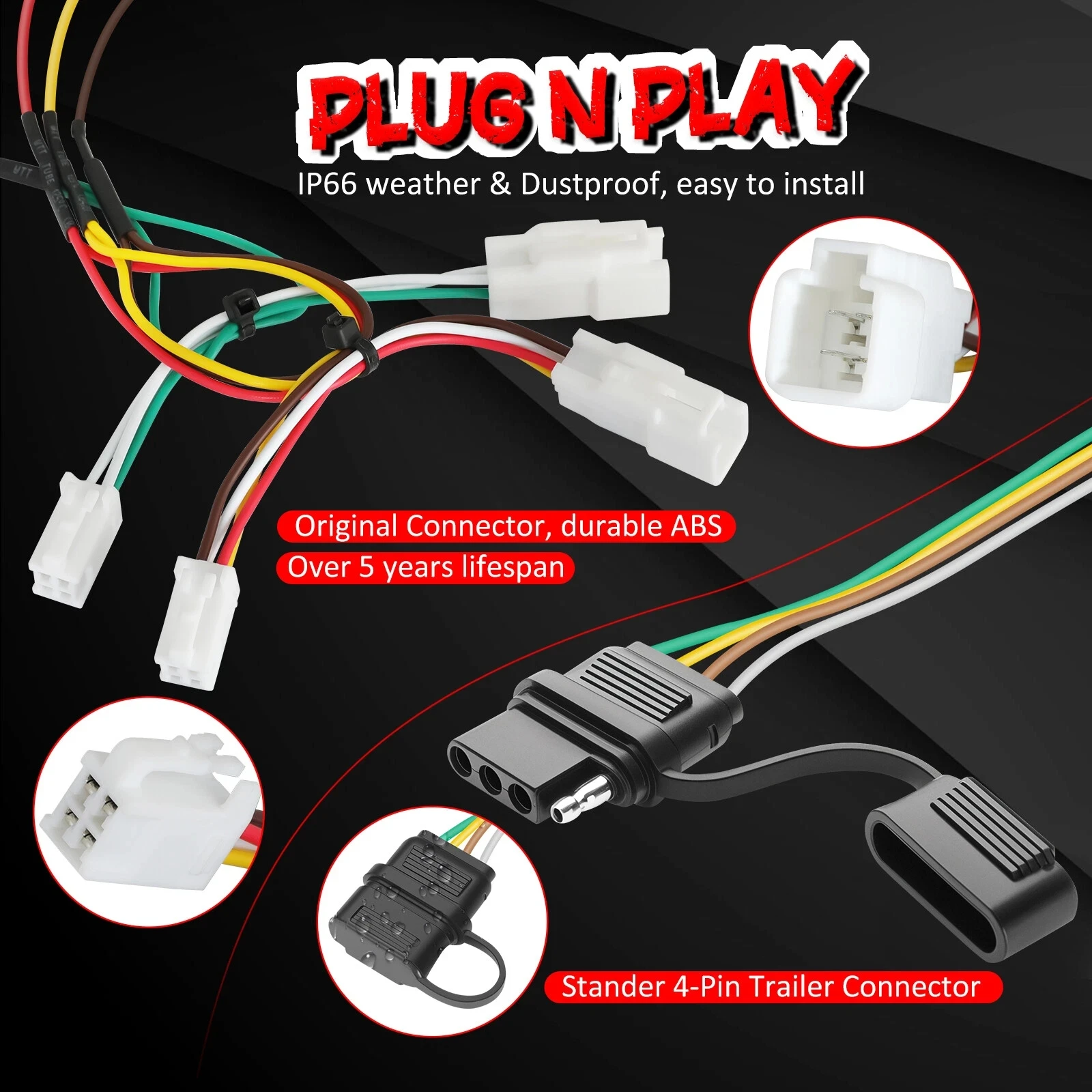 4 Pin Trailer Wiring Harness 56434 for 2019-2024 Toyota RAV4 & RAV4 Prime Hybrid Custom-Fit T-Connector 4-Pole Flat Connector