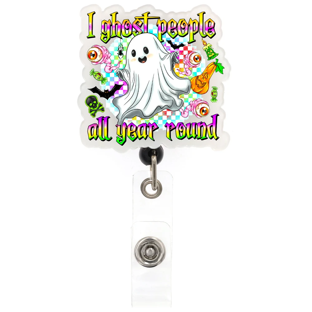 Halloween Badge Reel Retractable Pumpkin Ghost Student Teacher Nurse Acrylic Badge Reel Holder With Alligator Clip