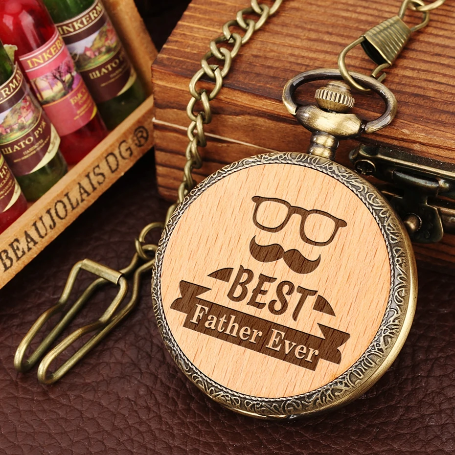 

Bronze Best Father Ever Quartz Wooden Watch with 30cm Waistcoat Chain FOB Steampunk Watches for Dad on Father's Birthday Gifts