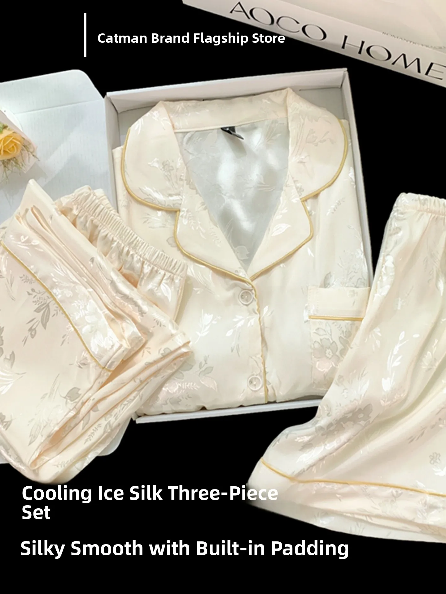 woman-ice-silk-sleepwear-short-sleeve-women's-outerwear-home-clothes-three-piece-set-with-chest-pad-suitable-for-summer