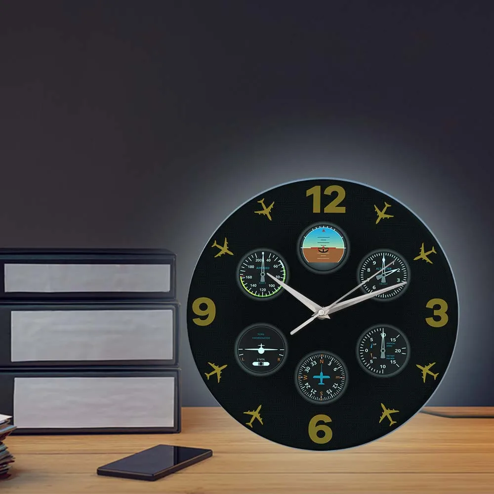 Airplane Airspeed Indicator Lighted Wall Clock Pilots Home Decor Aircraft Instrument Aviation Thermometer LED Backlit Wall Clock