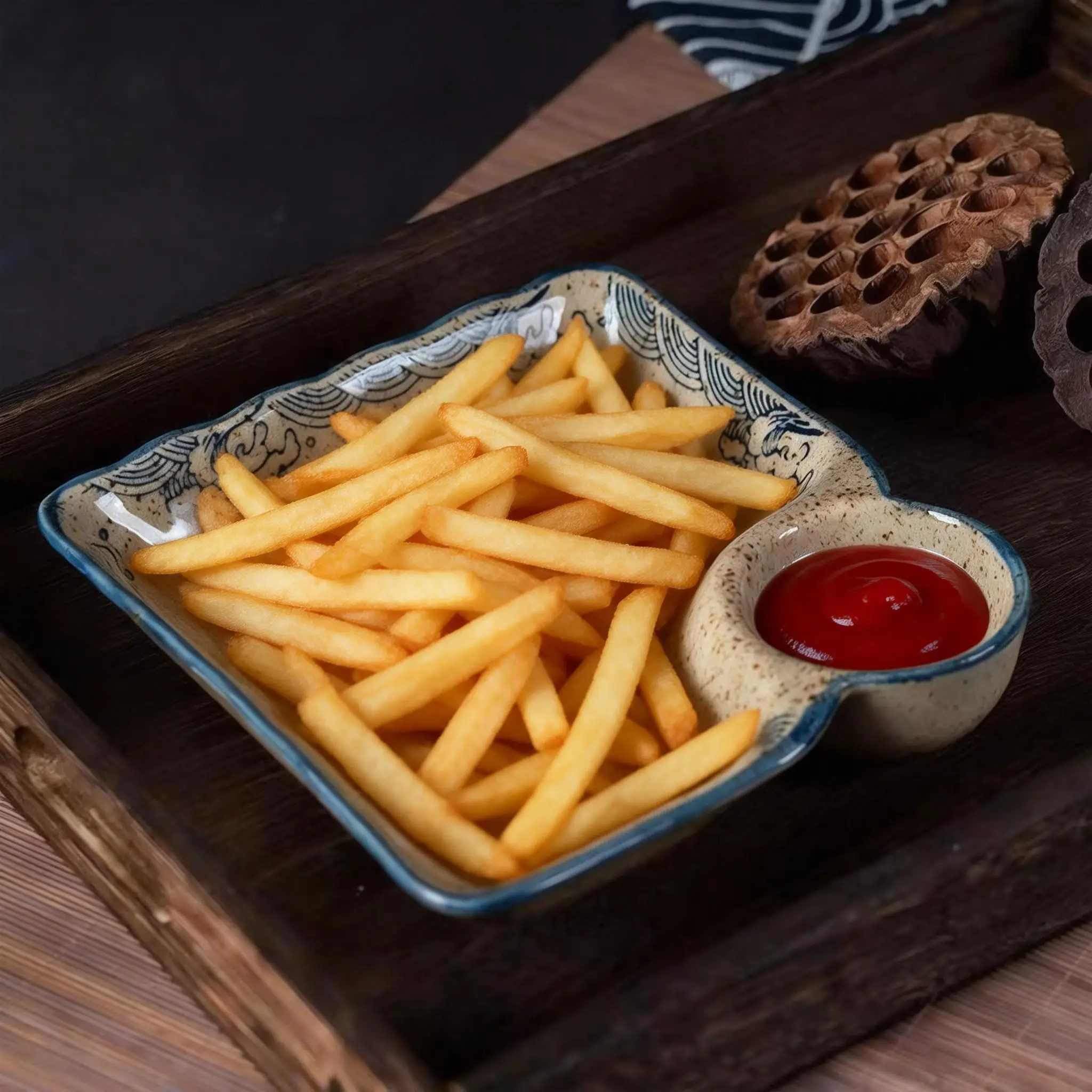 2pcs Rectangular Ceramic Dinner Plates- Divided Plates and French Fry Plates with Built-in Sauce Dishes, Ideal for Dumplings