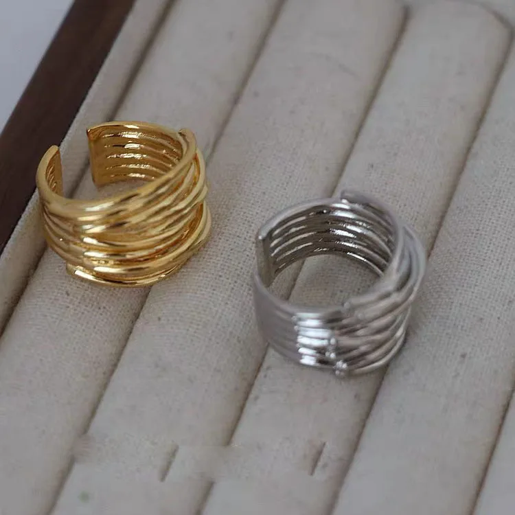 925 srebrne pierścionki dla kobiet prosty Vintage ręcznie regulowany palec złoty pierścionek modny pasek kobieta Bijoux prezent — zdjęcie 7