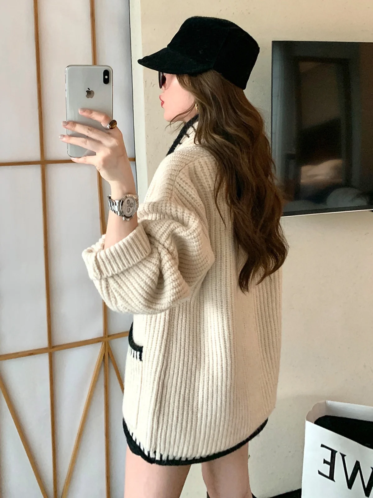 

MUKOK Vintage Color Blo Knit Sweater Coat Design Sensation Lace Small Fraance Sle Long Sve Loose Fit Women's Ca...