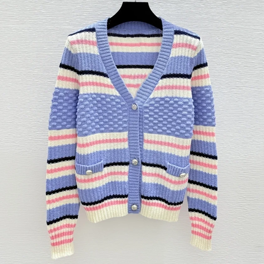 

Высококачественный разноцветный полосатый женский кардиган из 100% чистого хлопка с v-образным вырезом и логотипом коллажа 251102156