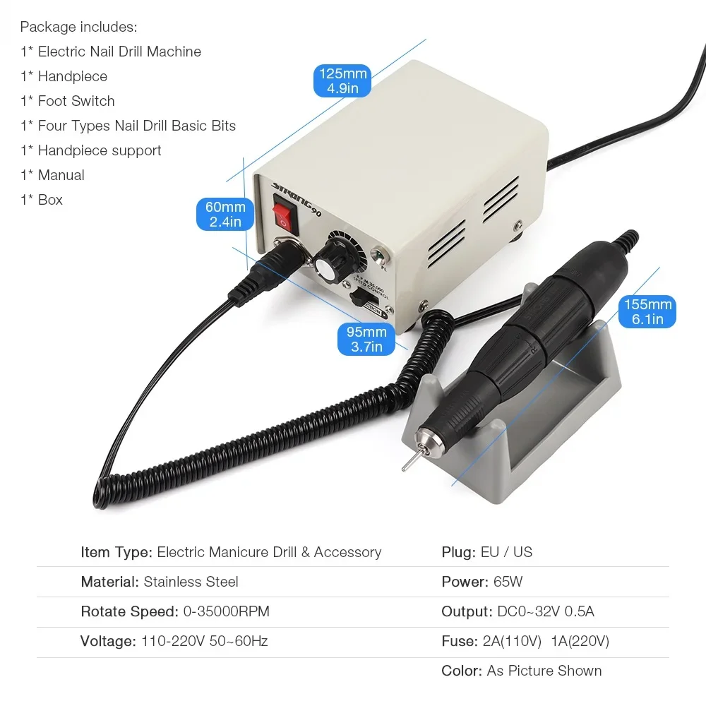 Ponceuse à ongles électrique professionnelle, appareil de manucure et pédicure, en acier inoxydable, puissance 90, 65W, 35000RPM