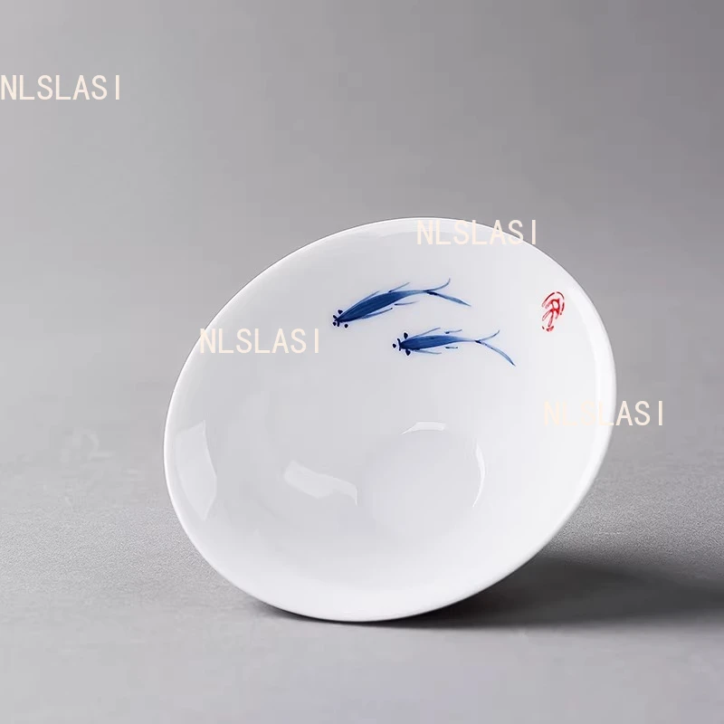 6pcs 30ml Ceramic Tea Cup Set Hand Drawn Small Fish Hat Cup Jingdezhen Blue and White Tea Cup Chinese Style Drinking Utensils