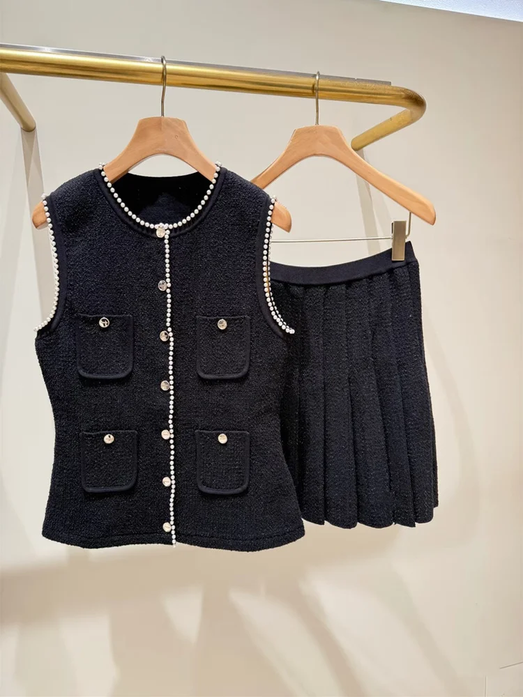 Elegant Sequin Sleeveless Knitted Vest Cardigan And Pleated Skirt Set High-End Version Euro Style Women's Fashion Ensemble