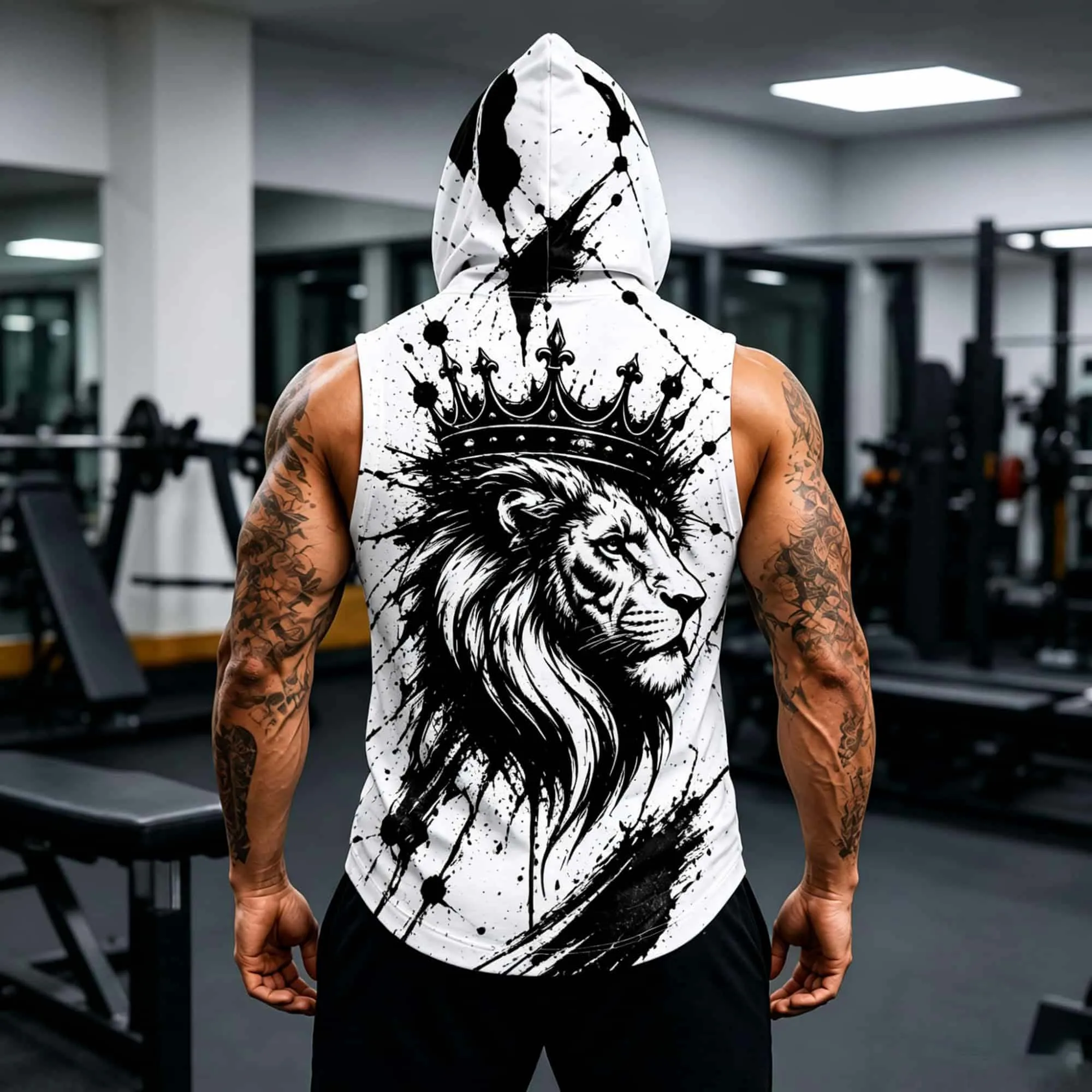 Vintage Black Ink Splatter Lion Men Hooded Sleeveless Muscle Tank Top Lightweight Casual Gym Daily Urban Hip Athletic Vest