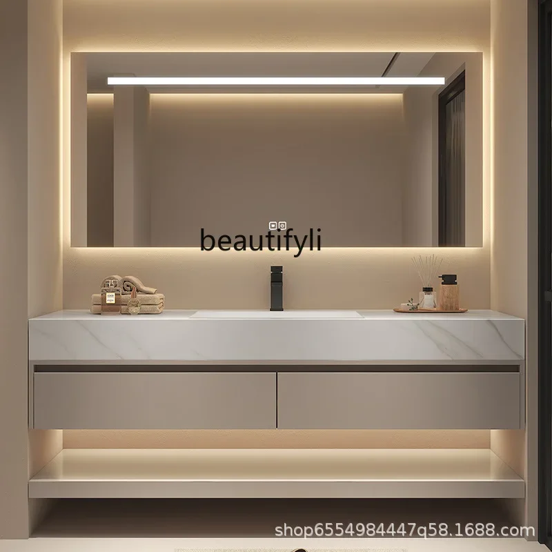 

45Light Luxury Double Basin Stone Plate Bathroom Cabinet Combination Bathroom Seamless Integrated Washstand Wash Face