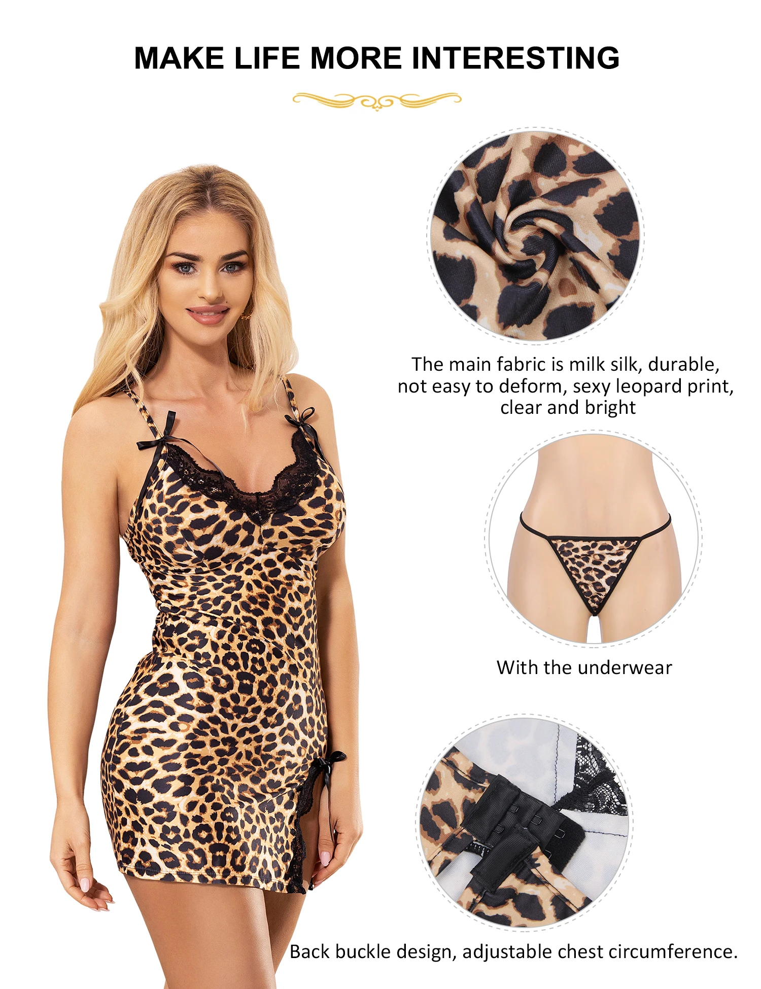 Plus Size Sexy Leopard Sleepwear Women\'s Lingerie Babydoll Lace Nightgowns With Straps Nightie Dress V-Neck Negligee Lounge Wear