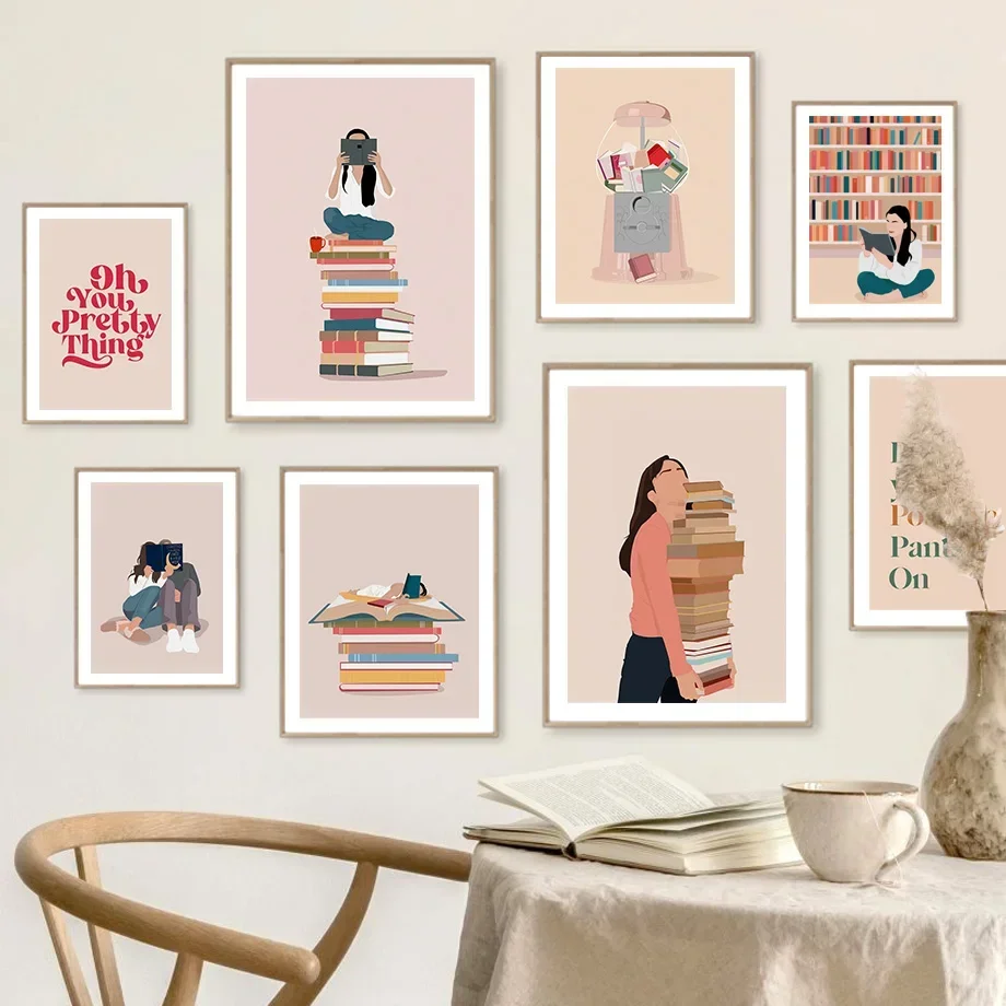 1PC Frameless  Abstract Girl Reading Book Cup Quotes Minimalist Wall Art Print Canvas Painting Posters for Living Room Modern Ho