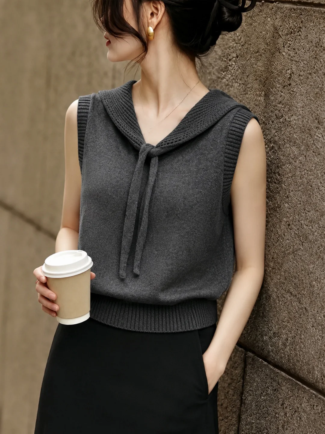 

Summer 2026 Ice Silk Knitted Vest Fashionable Commute Sleeveless Top Women's Belted Design Korean Style Straight Cut Silk Blend