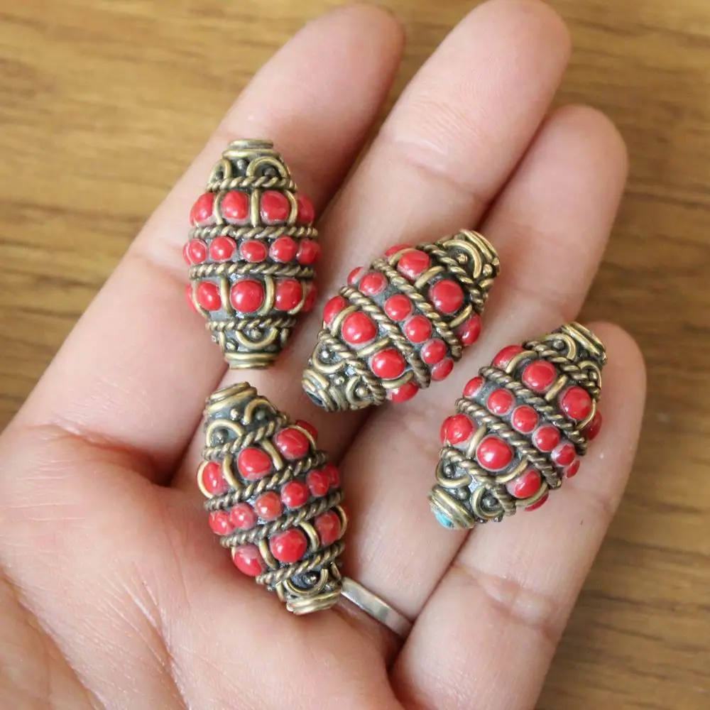 BD262 Tibetan Brass Inlaid Red Mini Glass Beads For Jewelry Making Diy Accessories 4 pieces Lot