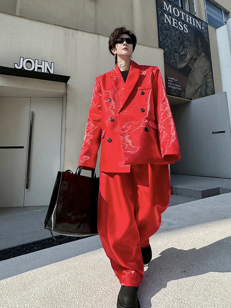 

Spring New Red Men's Suit Set Oversize Glossy Two-Piece Trendy Street Sle Casual All-Season Double-Breasted No Brand