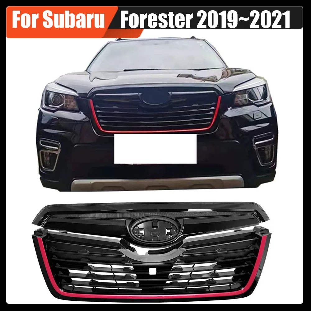 

For Subaru Forester 2019~2021 Abs Oem Style Front Grill Mesh Kit GLoss Black W. Red Strip Upper Bumper Grille Racing Grills