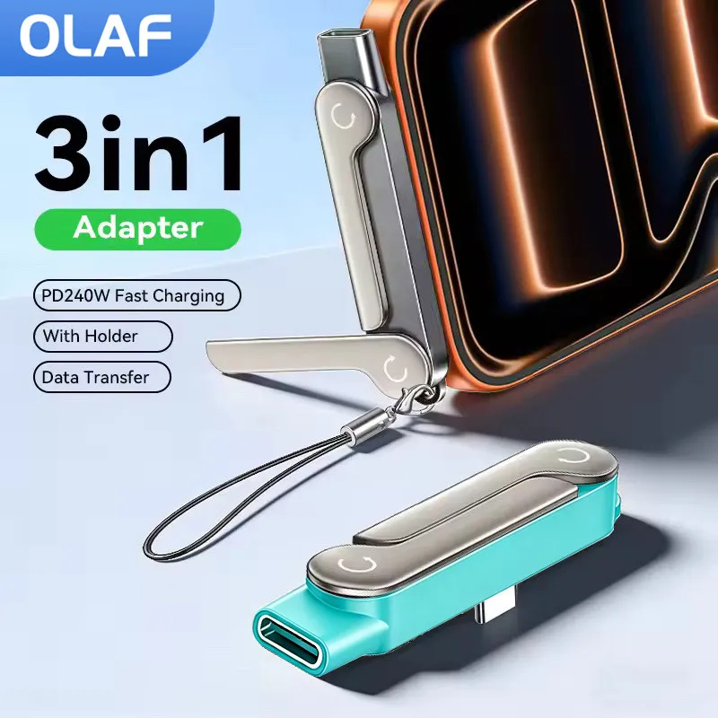 Adaptador de Carga Rápida OTG Tipo-C Macho a USB-C Hembra de 240W para Teléfono, Transferencia de Datos, con Soporte Plegable y Llavero