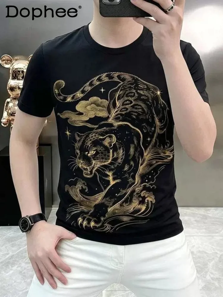 

Fashion Men's 2026 Summer New Printed Hot Diamond Short Sleeve T-Shirts Round Neck Stylish Slimming Tees Trendy Half Sleeve Tops