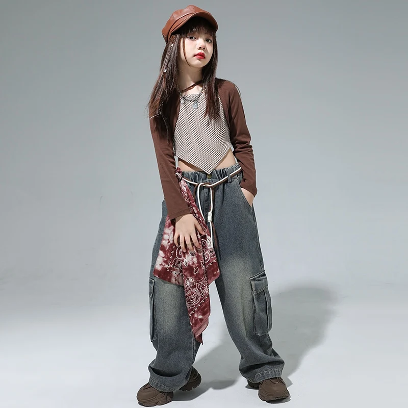 Winter Lange Mouw Top Meisjes Hiphop Kleding Street Dance Jazzdans Kostuum Top Jeans Pak Stadium Outfit Catwalk Wear DQL10072