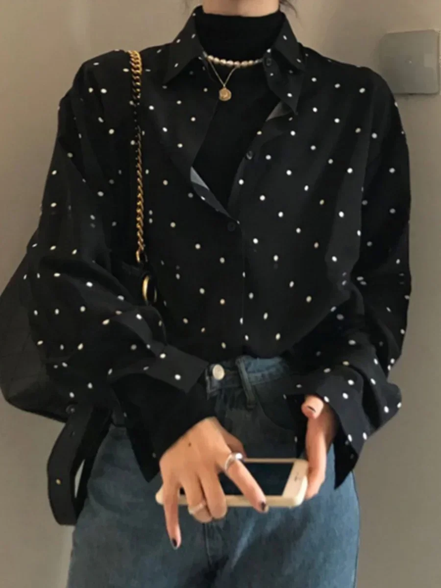 French Sle Chic Contrast Color Polka Dot Long Sleeves Shirt Women's Summer 2025 New Arrival Elegant Loose Slimming