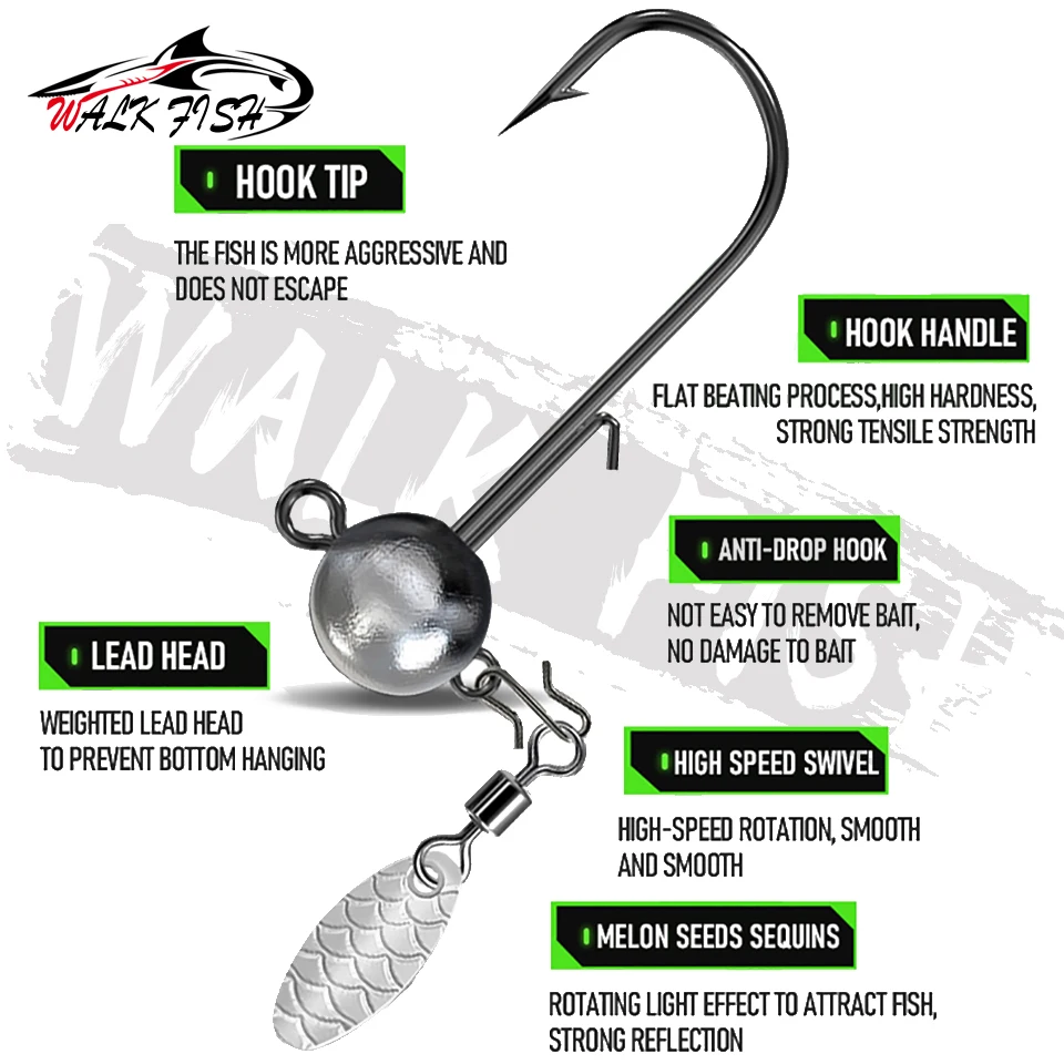 WALK FISH anzuelos jig head bola redonda semilla melón lentejuelas