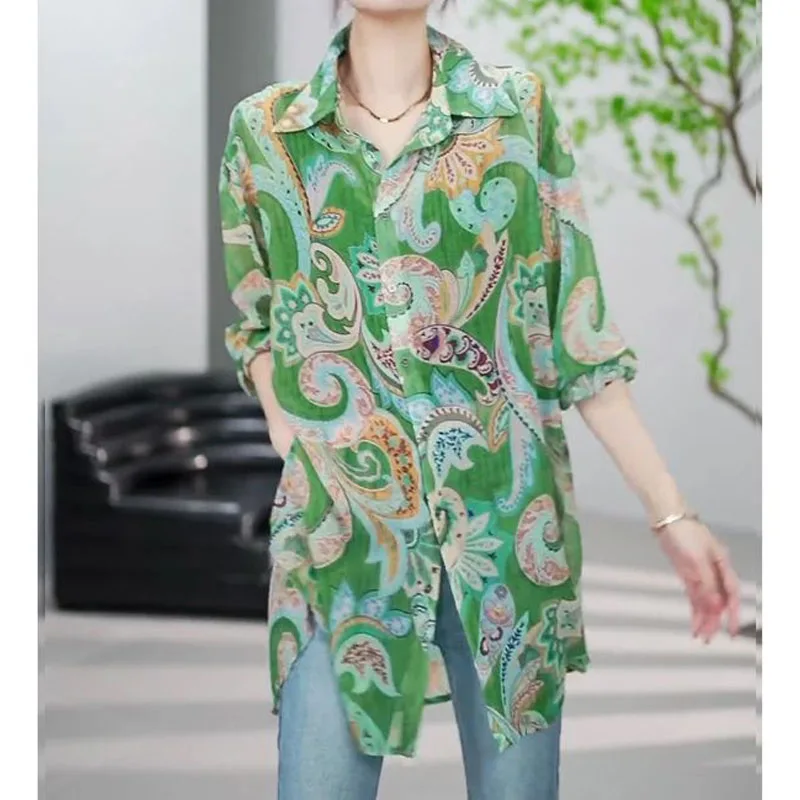 Korean Summer Clothes All-match Women's Printed Long Sleeve Shirt Casual Fashionable Loose Button Midi Blouse Shirts and Blouses
