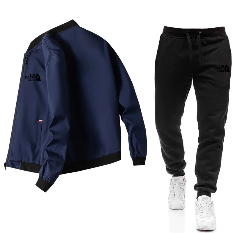 Men\'s casual jacket Spring and Autumn new style solid color comfortable zipper style fashionable windproof jacket+pants