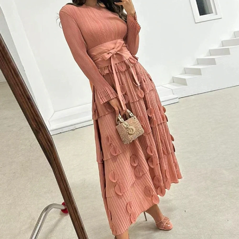 

Celebrity shell flower dress 2025 spring new original lace-up foreign trade long pleated skirt-GZXX155