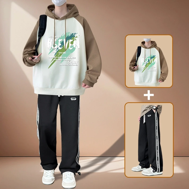 

Мужской комплект одежды с капюшоном, весна-осень 2024, уличная модная толстовка с капюшоном и брюками с буквенным принтом, удобная повседневная одежда